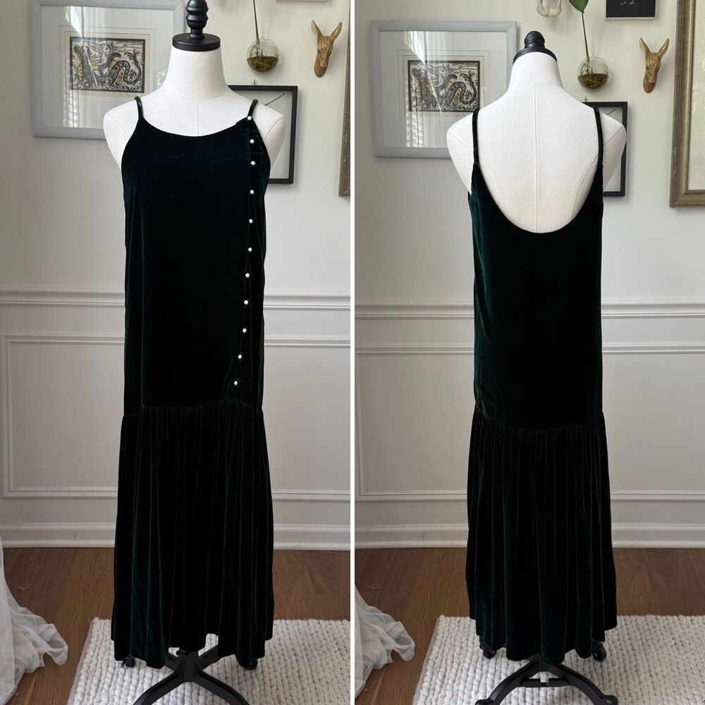 Vintage 80s 90s Eileen West Dark Green Velvet Drop Waist Dress 10